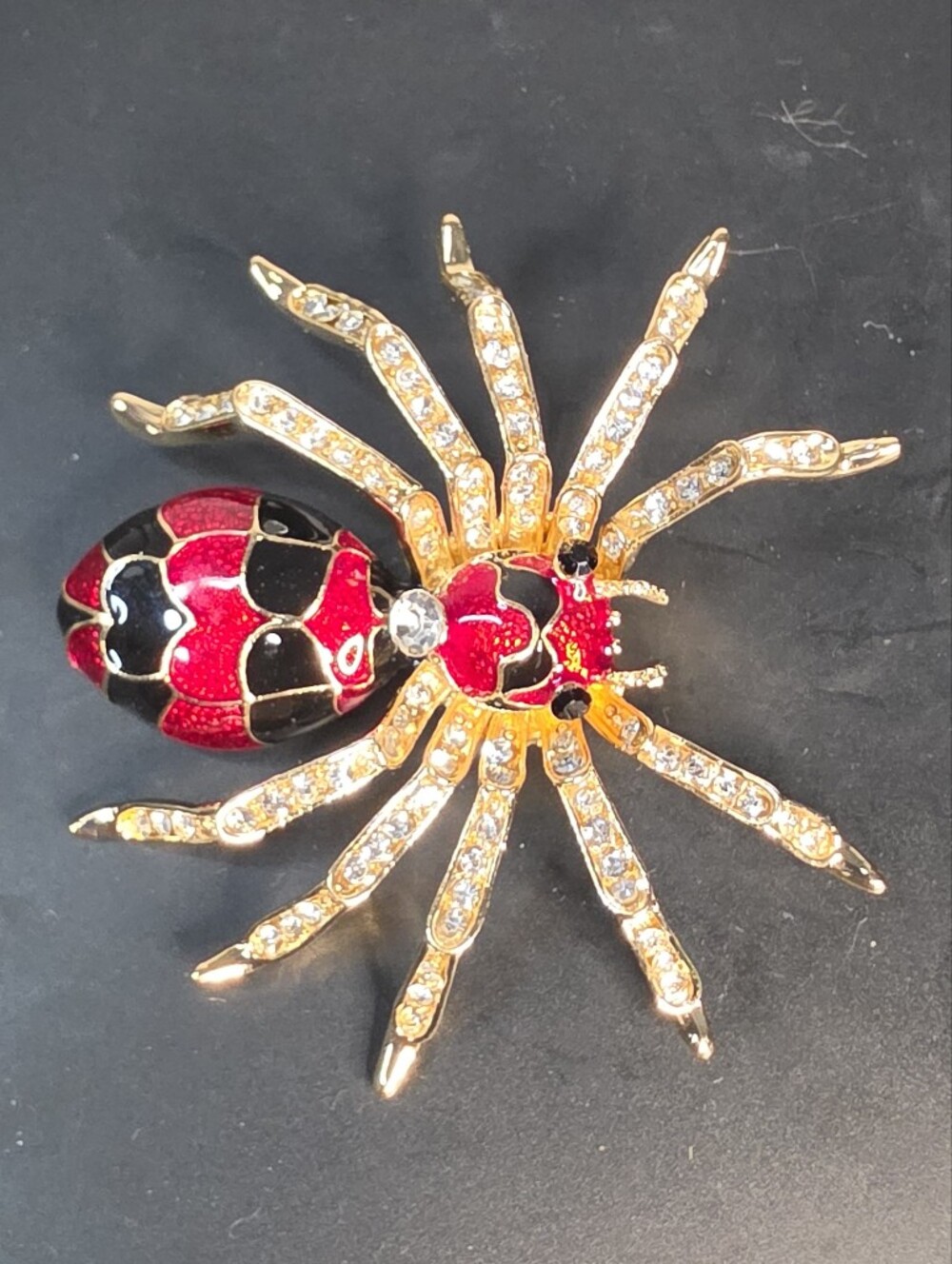 Red and Black Spider Brooch Pin with Gold-Tone Crystal Legs